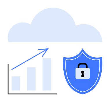 Bulut depolama ikonu, yukarı doğru çizelge ve kilitli bir kalkan. Teknolojik büyüme, veri analizi, siber güvenlik, bulut hesaplama, yenilikçi dijital dönüşüm koruması için idealdir. Düz