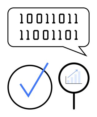 Konuşma baloncuğu içinde ikili kod, büyük işaretli sembol ve büyütülmüş büyüme tablosu. Veri işleme, teknoloji, kodlama, analiz, onay, ilerleme düz bir metaforu izlemek için ideal