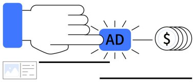 Tıklama başına öde kavramını vurgulayan parasal sembollerle reklam düğmesine tıklayın. Pazarlama, çevrimiçi reklamlar, gelir, gelen trafik, kullanıcı bağlantısı, iş stratejisi, düz bir metafor için ideal