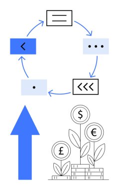 Adım adım ilerleyen oklar, gelişmeyi sembolize eden yukarı doğru ok ve istiflenmiş paralardan büyüyen para birimi bitkileri. Strateji, yenilik, büyüme, finans, yatırım, ekonomi için ideal