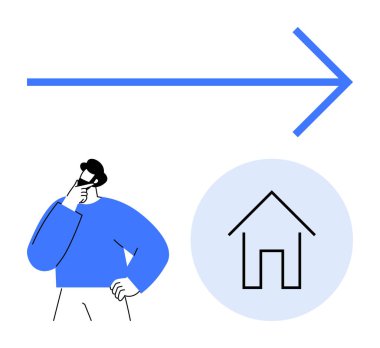 Basit bir ev ikonu ve ileri bakan büyük mavi bir okla karşı karşıya kalan kişi. Karar verme, ilerleme, yön, düşünme, gayrimenkul, planlama, gelecek için ideal. Düz basit