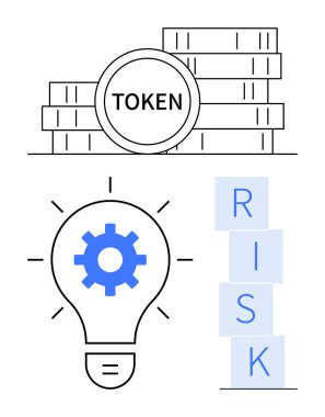 Jeton etiketli bozuk paralar, yenilik için bir ampulün içine dişliler ve dikey bloklarda RISK. Finans, yenilik, risk yönetimi, iş stratejisi, teknoloji ve yeni girişimler için ideal