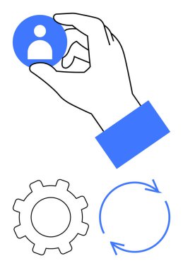 Dişli ve oklu kullanıcı simgesi seçiliyor. Takım yönetimi, askere alma, iş akışı, operasyonlar, strateji, optimizasyon, takım çalışması için ideal. Temiz düz basit metafor