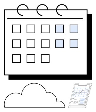 Seçilen tarihler, bulutlar ve dosya ve belgeleri gösteren pano takvimi. Planlama, programlama, veri yönetimi, organizasyon, iş akışı için bulut tabanlı işler için ideal. Düz basit