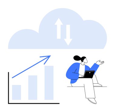 Bulutların yanında dizüstü bilgisayarı olan bir kadın veri aktarım okları ve yukarı doğru giden çubuk grafiği kullanıyor. Teknoloji, bulut hesaplama, veri analizi, iş büyümesi, uzaktan çalışma, yenilik ve ilerleme için ideal. Düz