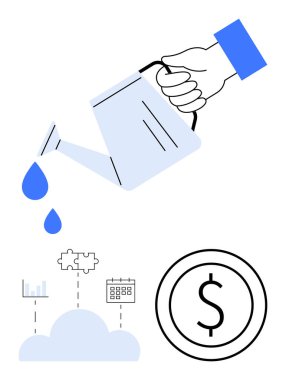 Sulamadan elde su dökülmesi büyümeyi simgeler, bulut grafikleri analitiği tasvir eder, bulmaca parçası stratejiyi kavramsallaştırır, takvim planlamayı simgeler ve para sonuçları öne sürer