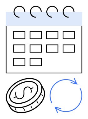 Takvim şebekesi, dolar parası ve dairesel oklar sürekli ödemeleri, abonelik planlarını, finansal planlamayı ve son teslim tarihlerini temsil ediyor. Bütçe, finans ve tutarlılık planlaması için ideal