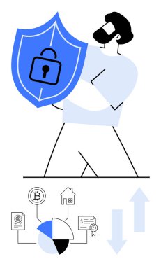 Kalkanı kilit simgesiyle tutan adam güvenliği sağlar. Haritalar, kripto para birimi ve belge simgeleri teknoloji, finans ve siber güvenliği sembolize eder. Veri güvenliği ve risk yönetimi için ideal
