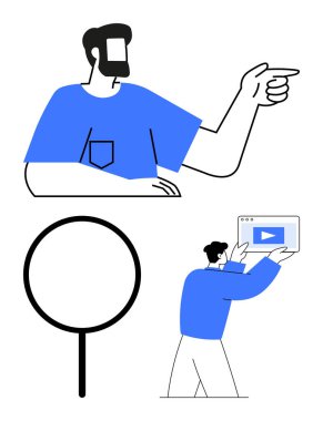 Sakallı adam dışa bakıyor, büyütülmüş cam sembol perspektifi keşfediyor, bireysel olarak medya ekranı sunuyor. Navigasyon, keşif, rehberlik, üretkenlik, ortam paylaşımı için ideal