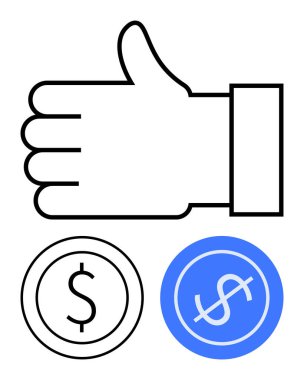 İki dolarlık madeni para ikonlarının üzerindeki el hareketi finansal onay, olumlu geri bildirim ya da başarıyı gösterir. Finans, iş hedefleri, yatırım, tasarruf, geri bildirim, ödüller için ideal basit