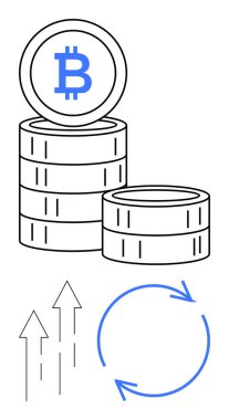 Bitcoin para yığınları yukarı doğru ok ve dairesel oklar dijital para birimi büyümesini, değiş tokuşunu, engelleme operasyonlarını temsil ediyor. Kripto para birimi, yatırım, engelleme zinciri ve finans için ideal
