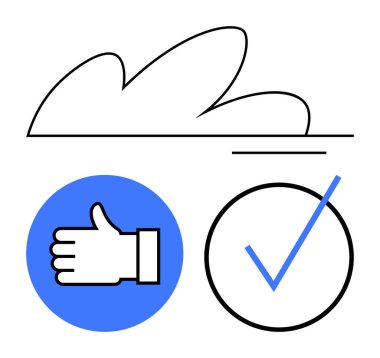 Mavi daire içinde basitleştirilmiş başparmak onay simgesi, daire şeklinde işaretleme ve soyut bulut sembolü. İletişim, onay, başarı, tamamlama, geri bildirim hedef başarı anlaşması için idealdir. Düz basit