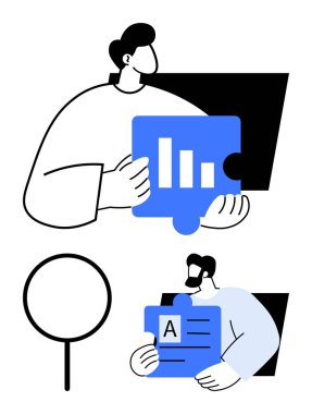 Bar çizelgesi ve metin görselleri olan iki kişi işbirliğini, bilgi entegrasyonunu ve problem çözmeyi vurguluyor. Takım çalışması, veri analizi, eğitim ve yaratıcılık için ideal