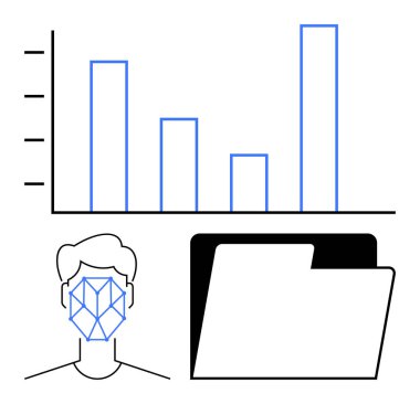Çubuk grafik analizleri, geometrik kaplamalı yüz tanıma sistemi ve açık bir veri klasörü. Yapay zeka, güvenlik, dijital teknoloji, veri analizi, biyometri, çevrimiçi yenilik için ideal