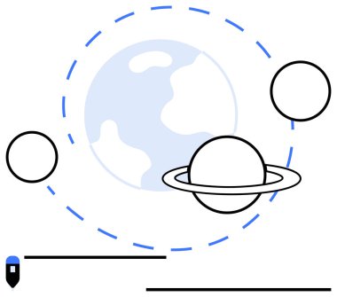 Satürn ve yörüngedeki iki gezegenle odaklanmış Dünya küresi dairesel yörünge çizgilerini parçaladı. Uzay, keşif, bilim, eğitim, evren, astronomi yenilik temaları için idealdir. Düz basit metafor