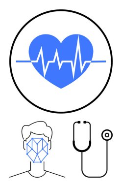 Nabız grafiği, yüz tanıma sistemi ve sağlık izleme sistemini temsil eden steteskop, dijital sağlık araçları, tıbbi teşhisler ve teletıp ile kalp atışı ikonu. Sağlık hizmetleri için ideal