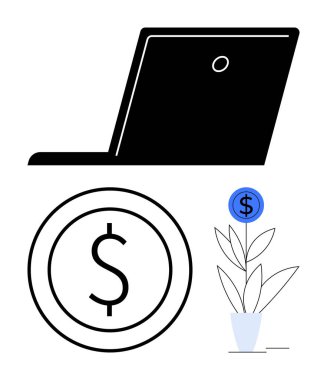 Dizüstü bilgisayar, dolar sikkesi ve dolar işaretli bitki. Finansal büyüme, teknoloji, dijital yatırım. İş, finans, büyüme geliri tasarruf yatırımı için ideal online ekonomi. Düz