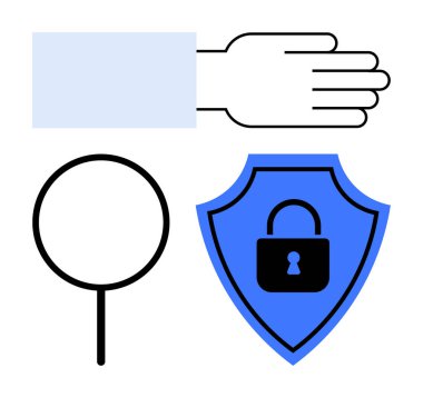 Uzatılmış el, büyüteç, kilitli mavi kalkan. Güvenlik, veri koruması, analiz, güven, gizlilik denetimi için ideal. Düz basit metafor