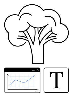 Ağaç ana hatları doğayı simgeliyor, artan eğilimleri gösteren grafik, kalın metin engelleme iletişimi. Sürdürülebilirlik, çevre, veri analizi, büyüme ve eğitim için ideal