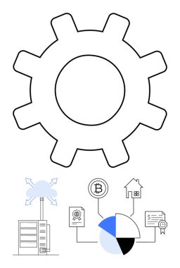 Merkezi teçhizat bulut sunucusu, Bitcoin logosu, pasta grafiği, ev ve sertifika simgeleri ile çevrili. Teknoloji, yenilik, engel zinciri, bulut hesaplama veri analizi için ideal gayrimenkul