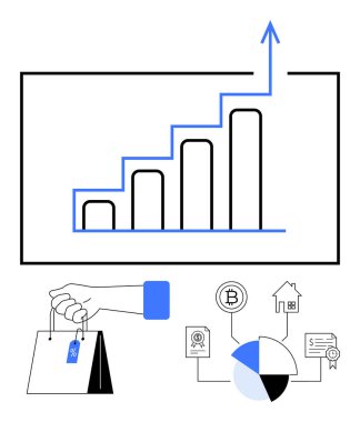 Büyümeyi gösteren oklar, satış etiketli el çantası, kripto para, ev, sertifika ve pasta grafiği simgeleri. Finans, iş, perakende yatırım için ideal