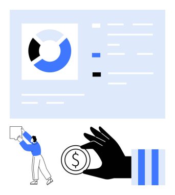 Bölümlerle veri tablosu analizi, madeni para ikonu, elementleri düzenleyen kişi. İş, finans, takım çalışması, ekonomi, yatırım yönetimi planlaması için ideal. Düz basit metafor