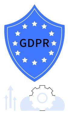 GDPR mesajı, teçhizat, bulut ve oklarla çevrili mavi bir kalkan. Mahremiyet, uyum, güvenlik, hukuk teknolojisi veri koruması için idealdir. Basit bir metaforu temsil ediyor.