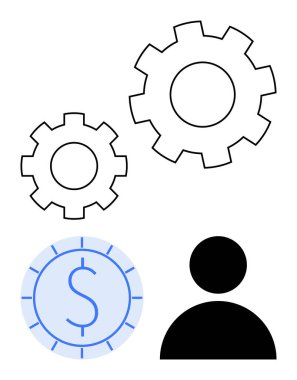 Birbirine kenetlenmiş vitesler, kullanıcı silueti ve dolar parası üretkenliği, takım çalışmasını, verimliliği, işi, finansal planlamayı, otomasyonu ve liderlik dairesi metaforunu vurguluyor