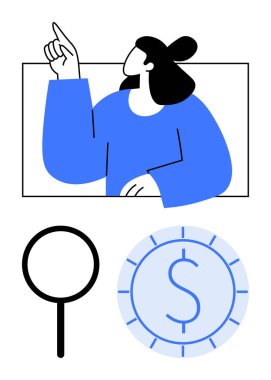 Kadın dairesel bozuk para grafiği ve büyüteçle yukarı doğru hareket ediyor. Arama, finans, hedefler, keşif, yatırım, analitik ve karar verme için ideal. Temiz düz basit metafor