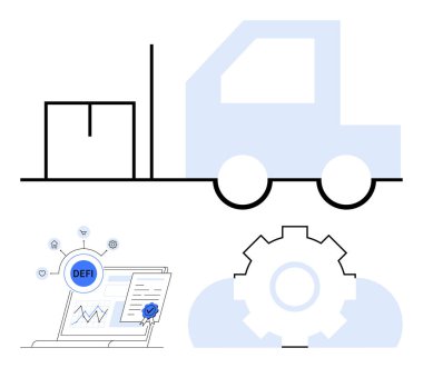 Paket, teslimat kamyonu, analitik gösteren DeFi engelleme platformu ve otomasyonu temsil eden bir vites. Tedarik zinciri, engelleme zinciri, otomasyon, lojistik, fintech teknolojisi için ideal dijital