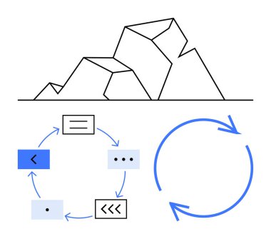 Dairesel akış diyagramının üzerindeki geometrik dağ, işlemin tekrarlanması ve ilerlemesini temsil eden oklar ve şekillerle. İş akışı, organizasyon, yineleme, geri dönüşüm, sistemler, geliştirme, daire için ideal