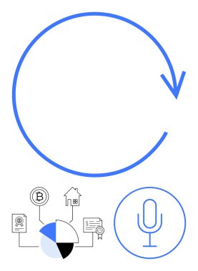 Süreci temsil eden dairesel bir ok. Ses komutları için mikrofon, analitik için pasta grafiği, kripto para birimi için simgeler, emlak ve sertifika içerir. Yenilik ve süreç için ideal