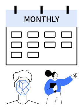 Takvim her ay etiketli, yüz tanıma sistemi yüz hatlarında, kişi panoyu işaret ediyor. Planlama, takım çalışması, zaman yönetimi, yapay zeka, teknoloji verimliliği için ideal. Düz basit