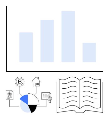Finansal verileri içeren bar tablosu, dağıtımı gösteren pasta tablosu, kripto para birimi simgesi, ev, dolar notu ve finansal okur-yazarlığı görselleştirin. Eğitim, finans ve ekonomi için ideal