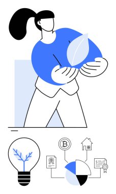 Ekolojinin bir işareti olarak yaprak tutan kadın, temiz enerji, engelleme zinciri, finans, veri analizi, sertifikalar ve konut ikonları ile eşleştirildi. Ekolojik farkındalık ve yenilik teknolojisi için ideal