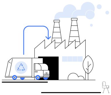 Geri dönüşüm kamyonu yakındaki buhar ağaçlarıyla sanayi fabrikasına giriyor. Geri dönüşüm, atık yönetimi, sürdürülebilirlik, eko sanayi, dairesel ekonomi, çevre, kaynak için ideal