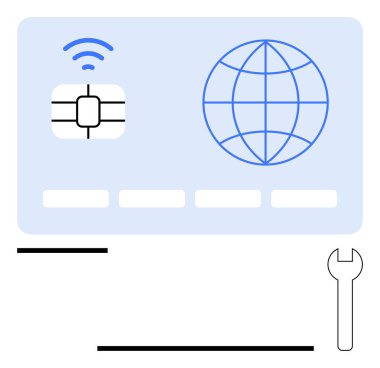 Üzerinde çip, kablosuz ikon, dünya sembolü ve anahtar olan ödeme kartı. Finans, teknoloji, küresel ticaret, bağlantı elektronik işlemler bankacılığı için idealdir. Düz basit metafor