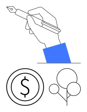 Dolma kalem tutan bir el dairesel çerçevede bir dolar işareti ve minimalist ağaç şekilleri. Temalar için ideal finansman, yaratıcılık, çevresel etki, eğitim, sürdürülebilirlik, yazma