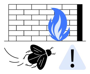 Brick wall with blue flame symbol, flying bug, and exclamation mark warning sign. Ideal for security, protection, technology, antivirus, firewall threat defense caution. Flat simple metaphor clipart