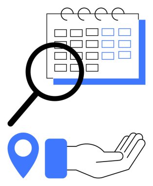 Takvim, lokasyon iğnesi ve açık el üzerinde büyüteç. Zaman planlama, zamanlama, arama, navigasyon, yardım bulunabilirlik kaynakları tahsisi için ideal. Düz basit metafor
