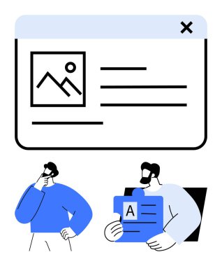 Takım üyeleri metin ve resim yer tutucularla bir web sayfası modellemesini analiz ediyor. İşbirliği, yaratıcılık, web tasarımı, planlama, takım çalışması, içerik stratejisi, düz basit metafor için ideal