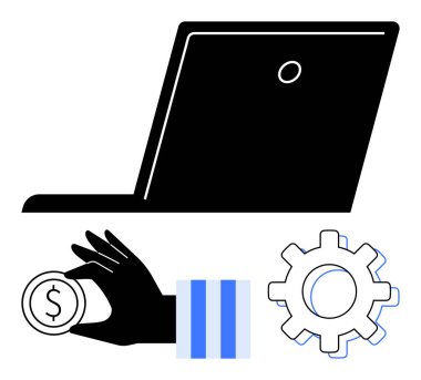 Dizüstü bilgisayar silueti, el ele tutuşma madeni para ve dişli ikonu teknoloji, finans, işlem otomasyonu ve işletim sistemleri taşır. İş, teknoloji ve finansman verimliliği yenilik stratejisi için ideal