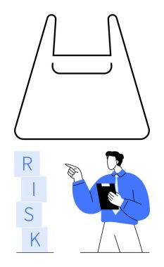 Elinde not panosu olan bir adam alışveriş çantasının yanındaki risk bloklarını işaret ediyor. İş stratejisi, risk yönetimi, karar verme, güvenlik planlaması, ticaret, sürdürülebilirlik, soyut çizgi