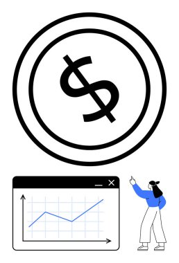 Çemberdeki dolar işareti, yükselen eğilimli büyüme grafiği ve ilerleme yolunda el kol hareketi yapan kişi. Başarı, finans, büyüme, analiz, yatırım bütçe başarısı için idealdir. Düz basit metafor