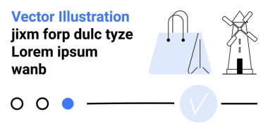 Alışveriş torbası, yel değirmeni, dairesel ilerleme simgeleri, ve temiz, modern tasarım metinleri. E-ticaret, teknoloji, ilerleme takibi, minimal tasarım dijital arayüzleri web sitesi için ideal