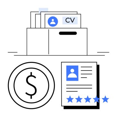 Çekmecede CV dosyaları, çemberde dolar işareti, özgeçmiş sayfası. İşe alım, işe alım, insan kaynakları, yetenek değerlendirmesi, iş piyasası kariyer hizmetleri için ideal. Düz basit metafor