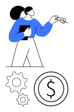 Anahtarı teslim eden kadın, operasyonları sembolize eden vitesler, ve finans anlamına gelen madeni para. İş, yönetim, takım çalışması, mali planlama, operasyonel verimlilik, strateji için ideal