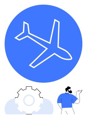 Kalın mavi daireli, donanımlı ve hareketli bir uçak. Seyahat, havacılık, teknoloji, yenilik, mühendislik, uzay ve kariyer kavramları için idealdir. Temiz düz basit metafor