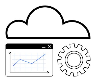 Veri işleme, analitik, yazılım geliştirme ve teknolojiyi temsil eden yükselen grafik ve çarklı bir grafiğin üzerinde bulut. Bulut hesaplama, iş büyümesi, iş akışı otomasyonu için ideal