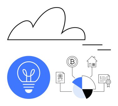 Bir pasta grafiği, kripto para birimi, varlıklar ve yeniliğin ampul sembolü gibi birbiriyle bağlantılı elementlere sahip bulut. Finans, teknoloji, konut, veri analizi, emlak engelleme zinciri için ideal